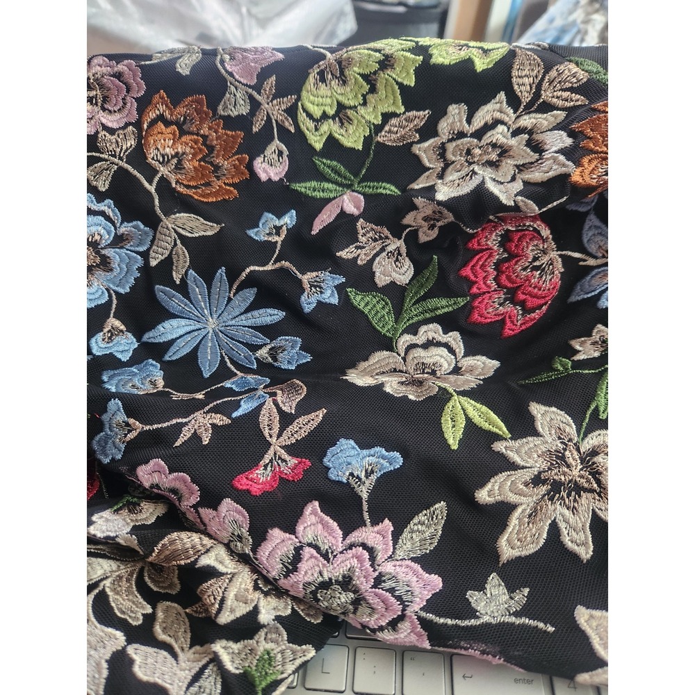 Floral Embroidered Fabric Colorful Flowers on Black Mesh‎ Sheer Material